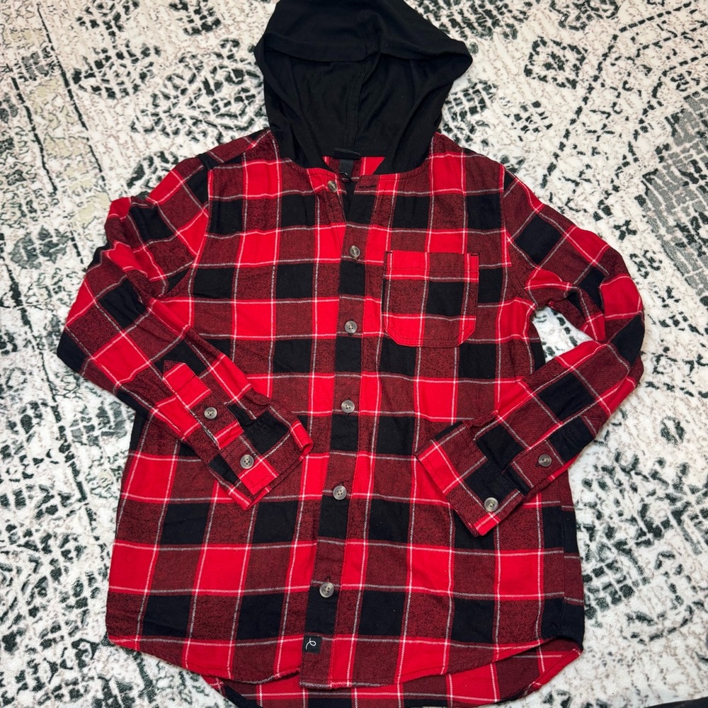 art class Red and Black Plaid Button Down Shirt with Hood